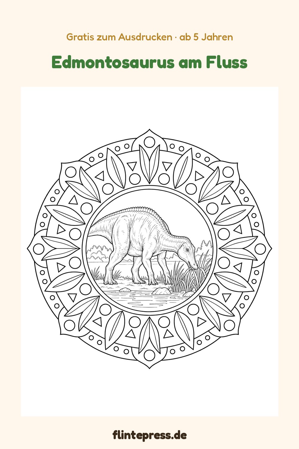 Dino-Mandala „Edmontosaurus am Fluss“ zum Ausmalen