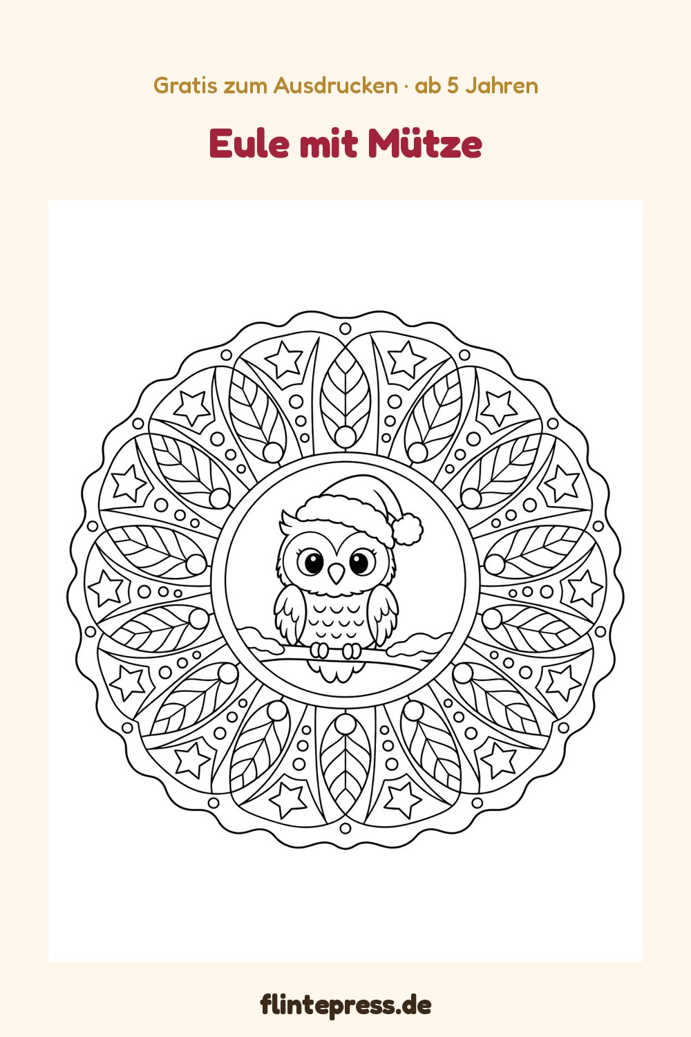 Weihnachten-Mandala „Eule mit Mütze“ zum Ausmalen